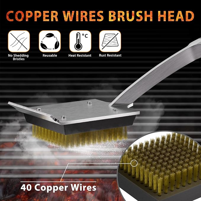ENLOY 17" Grill Brush & Scraper for Barbecue, Grill Brush for Outdoor Grill | Extended Rosewood Handle and 2 Replaceable Copper Wire Brush Heads, Grill Cleaning Brush Grill Accessories for Most Grill