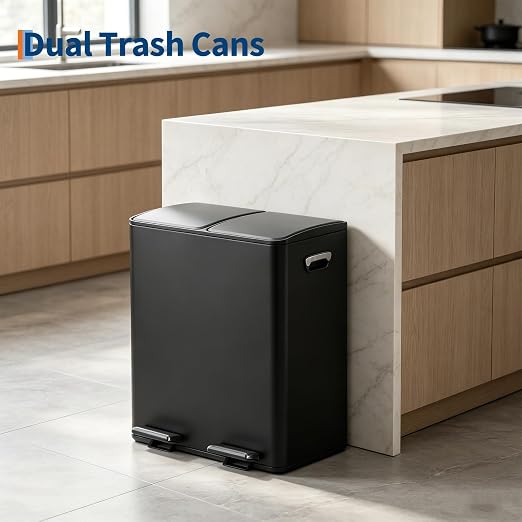 5gal Stainless Steel Double Trash Can with Lid for Kitchen, Large Dual Trash and Recycle Bin Combo, Step-on Kitchen Metal Garbage Cans, PP Inner Buckets, Liner Rim, Black