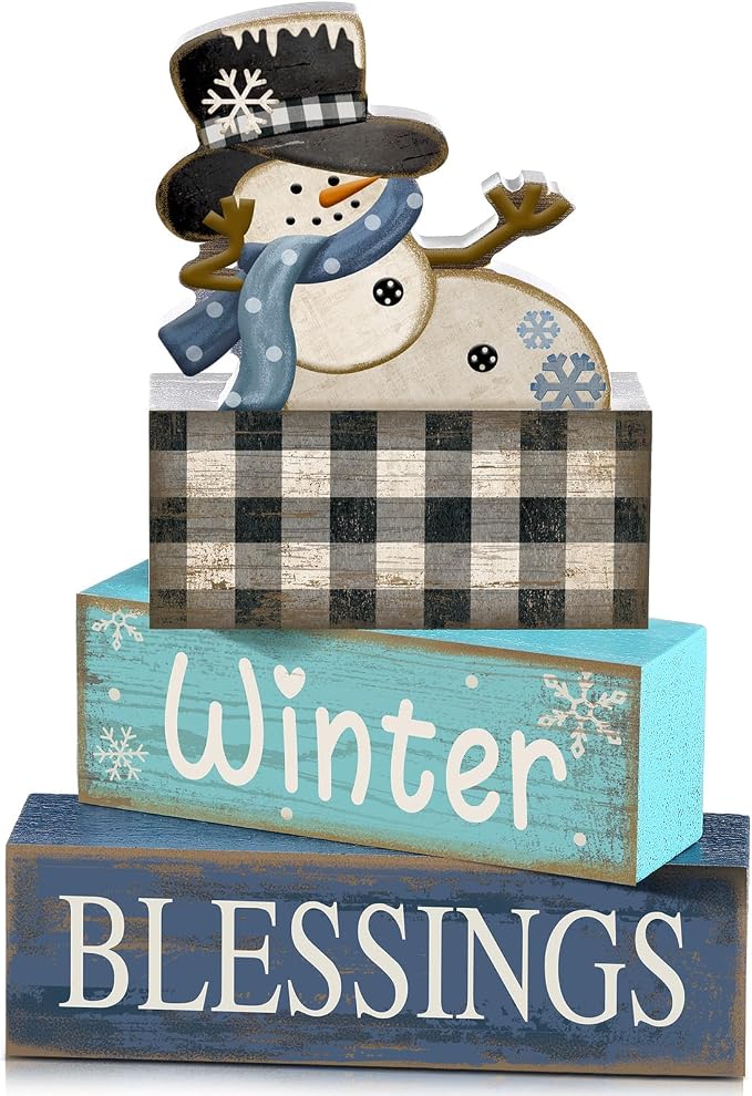 Moucuny 4 Pcs Winter Snowman Wooden Signs Farmhouse Tiered Tray Decor | Buffalo Plaid Snowman Design, Shelf Decor for Kitchen Living Room, Rustic Centerpiece, Winter Blessings for Farmhouse