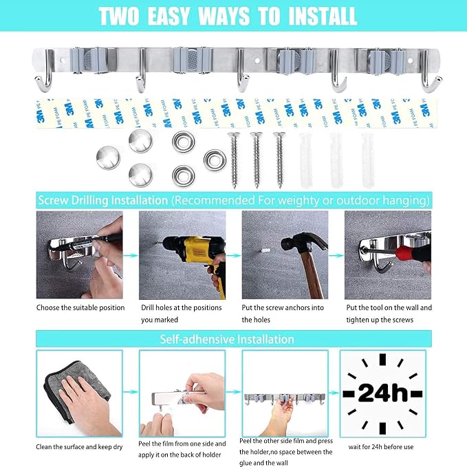 Broom Mop Holder Wall Mount Tool Hanger Organizer (4 Racks 5 Hooks) | Stainless Steel，for Home, Kitchen, Garage, Garden, Laundry Room, Bathroom Organization and Storage