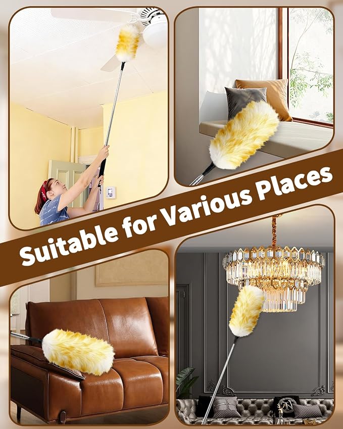 Extendable Wool Duster, 18-48 Inch Long Handle Duster with Natural Fluffy Wool Head, Dusters for Cleaning Ceiling Fans, Blinds, High Ceilings, Furniture, Washable & Reusable