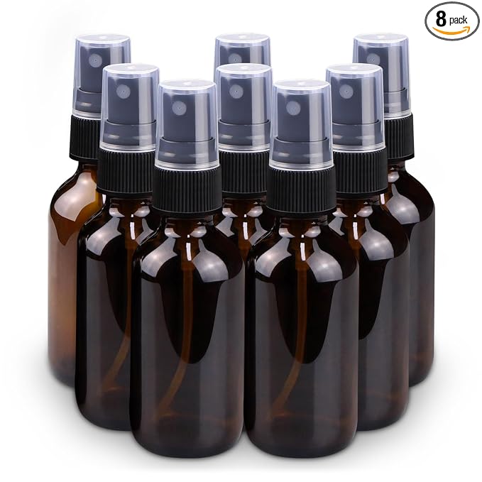 Spray Bottle, 2 oz Fine Mist Glass Spray Bottles, Little Refillable Liquid Containers for Watering Flowers Cleaning (8 Pack, Amber)