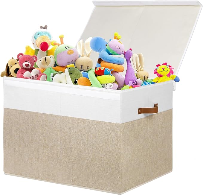 Large Toy Storage Box with Lid, Toy Chest Bin Boxes Basket with Dividers | Sturdy Toy Organizer Bin for Kids, Boys, Girls, Nursery, Living Room, Bedroom, Playroom 26"x17" x17"(Beige and White)