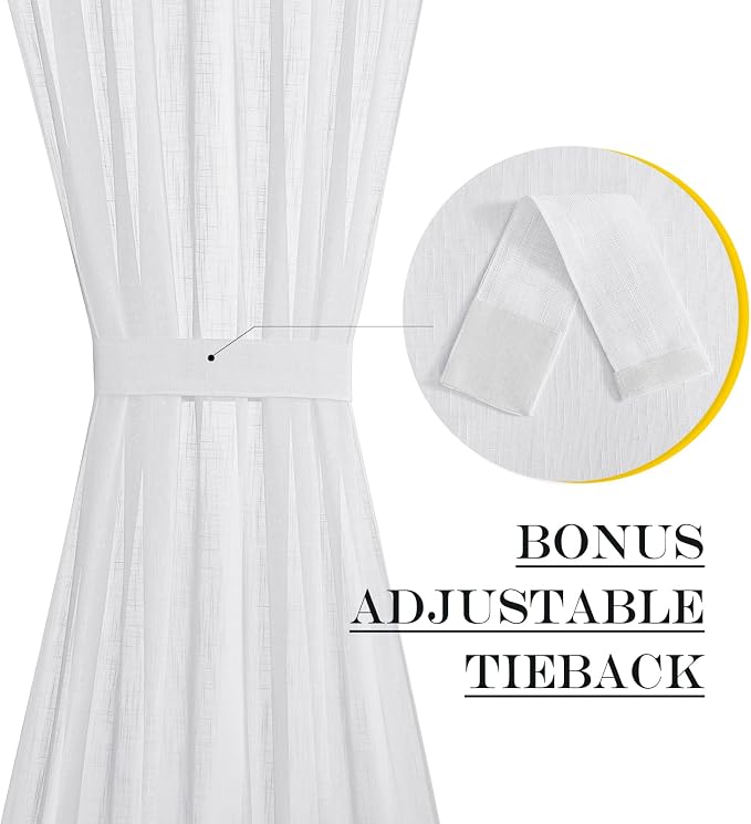NICETOWN Lined Look Door Panel - Semitransparent Voile Window Curtain | Semi Sheer for Patio/Sliding Glass Door with One Bonus Tieback, 52" Width by 72" Length, White