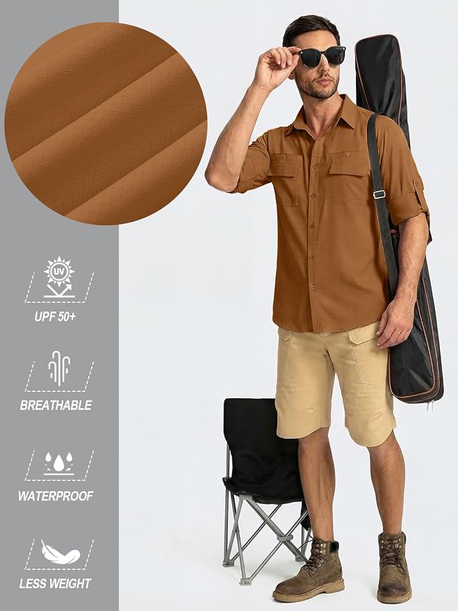 linlon Men's Safari Shirt UV Sun Protection Long Sleeve Hiking Travel | Button Down Mesh Back Vents UPF 50+ Quick Dry Breathable Cool Lightweight Outdoor Travel Fishing Gardening Clothes