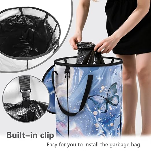 doginthehole Blue Marble Butterfly Collapsible Trash Can Pop Up Camper Trash Can with Lid, 22.83x17.71, Waterproof Bag Outdoor Garbage Bin Storage Accessories, 23 Gallons