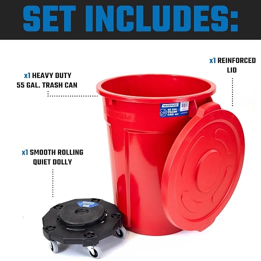 Magnum Red 55 Gallon Trash Can Set (Trash Can, Quiet Dolly, and Reinforced Lid), Construction Grade, Jobsite Ready, Non-Marking Wheels & Casters for Rolling Garbage CMTC-CLD0-55R01 (1 Set)