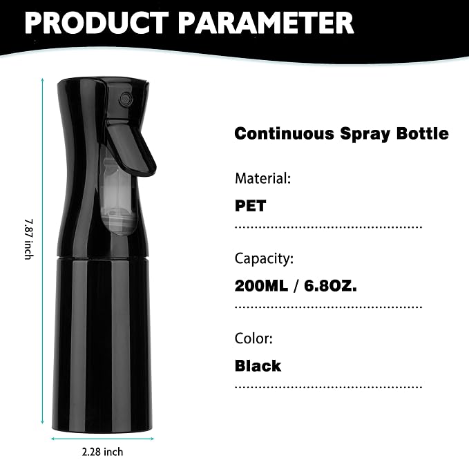 Spray Bottle for Hair (6.8OZ /200ML) Continuous Ultra Fine Mist Sprayer for Hair, Salons, Barber, Plants, Skin Care, Cleaning 1 Pack BLACK