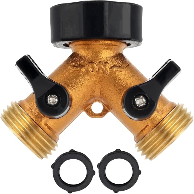 Brass Hose Y Connector Brass Garden Hose Adapter, Garden Hose Splitter 2 Way Heavy Duty, Hose Bib Splitter with 2 Extra Rubber Washers