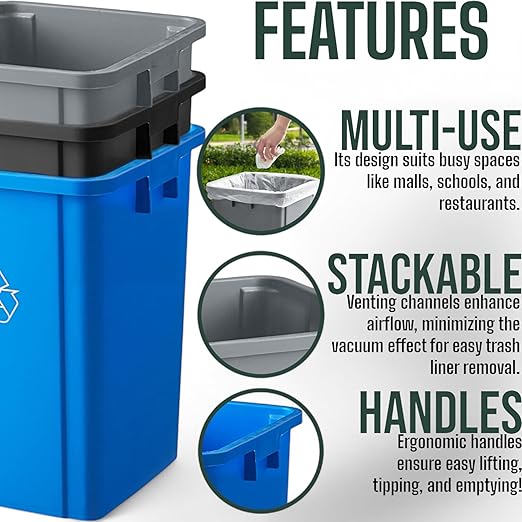 19 Gallon Black Square Trash Can, Commercial Grade Plastic, Easy Cleaning, Ideal for Home and Office