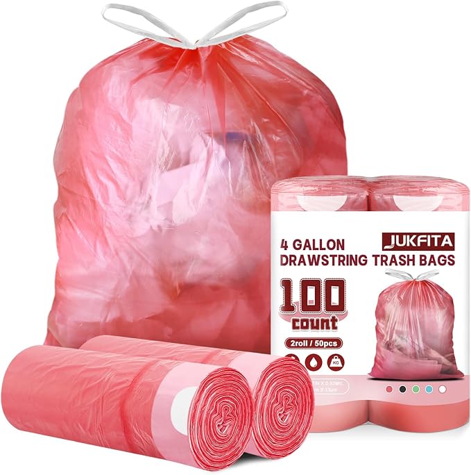 Small Trash Bags, 100 Count 4 Gallon Drawstring, Red | Tear-Free, Unscented, Small Garbage Bags, For Bathroom Kitchen Office Bedroom