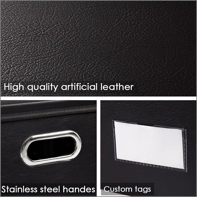 Collapsible Storage Box with Lid [1-Pack] Leather Fabric Foldable Storage Bin Organizer Container Basket Cube with Cover for Home Bedroom Closet Office Nursery Black (13.6x9.6x6.9)