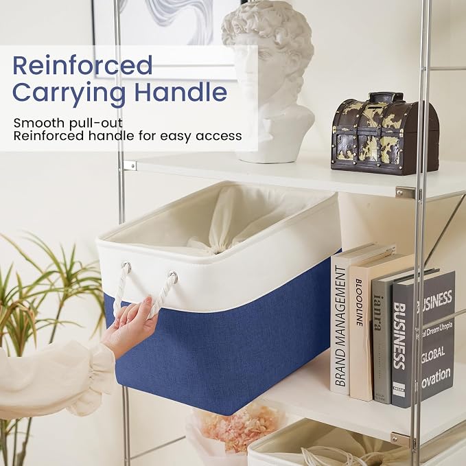 16x12x12 In Foldable Fabric Large Storage Bins with Handle 3 Pack | Storage Basket with Draw String Top, Sturdy Metal Strand, Cardboard Support Molding, for Shelf, Closet, Bedroom, White/Blue