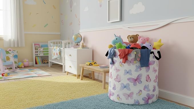 Collapsible Round Storage Basket, Soft-Sided Organizer with Waterproof Coating, Foldable Bin for Clothes,Laundry Basket, Nursery Hamper, Gift Baskets(Pink Watercolor Butterfly)