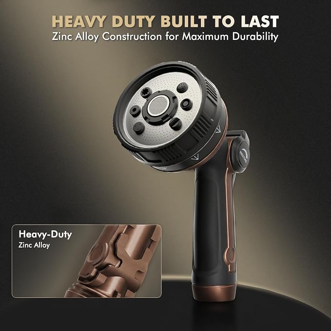 RESTMO Garden Hose Nozzle Heavy Duty, Thumb Control Metal Sprayer Nozzle | Zinc Alloy Body with TPU Coating, 8 Adjustable Spray Patters, Ergonomic Handle, Leak Proof, Idea for Washing & Watering