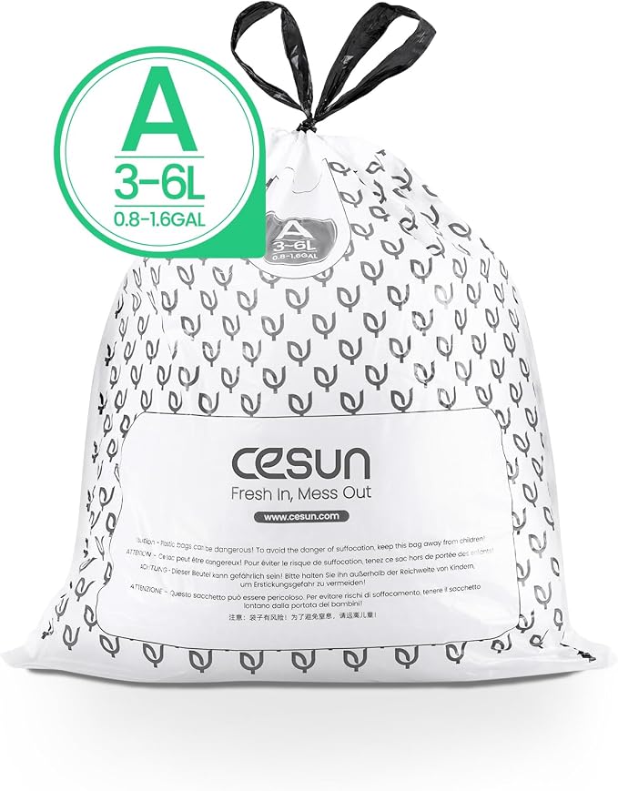 Cesun Code A Pre Cut Drawstring Trash Bags 90 Count, 1.6 Gallon / 6 Liter | Specifically Designed for Cesun 1.6 Gal Small Trash Cans, Extra-thick & Leak Proof
