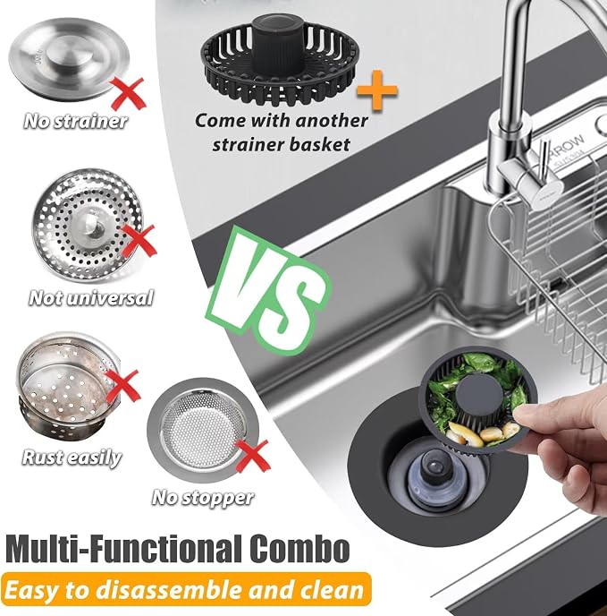 Anlige Kitchen Sink Drain Strainer, 3 in 1 Pop Up Kitchen Sink Stopper | with An Extra Basket Strainer, Universal for US Standard 3-1/2 Inch, Black