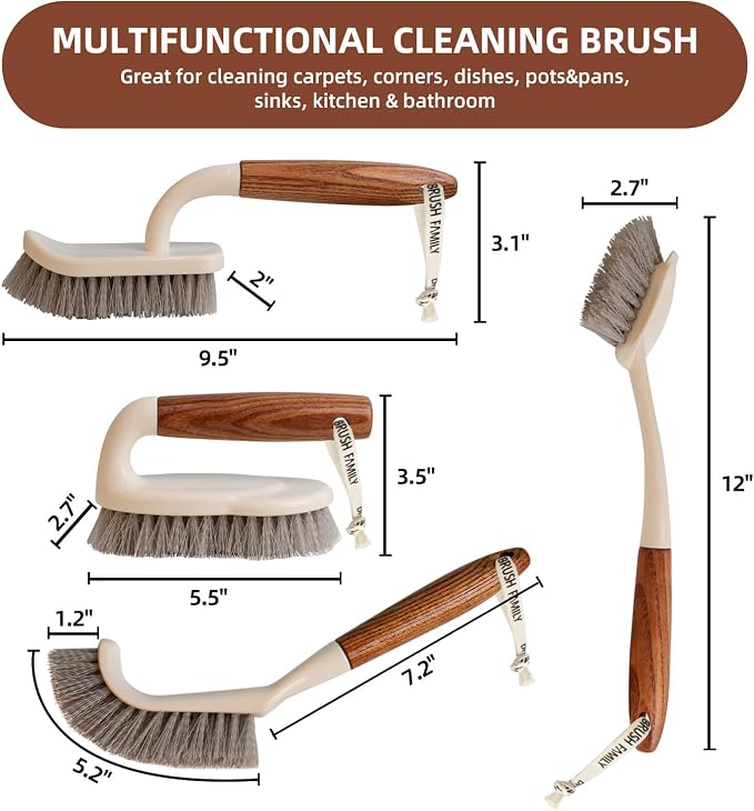 4-Pack Heavy Duty Scrub Brushes Set with Wooden Handles | Triangle & Square Floor Scrubber, Dish Brush, Grout Cleaner for Kitchen, Bathroom, Tile, Carpet & Stubborn Stains Removal