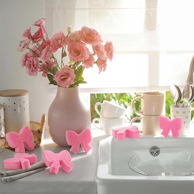 Tioncy 12 Pack Pink Bow Sponges Dual Sided Non Scratch | Reusable for Dishwashing Cookware Pot Pan, Preppy Cute Kitchen Cleaning Accessories, Non Scratch Bulk Household Supplies