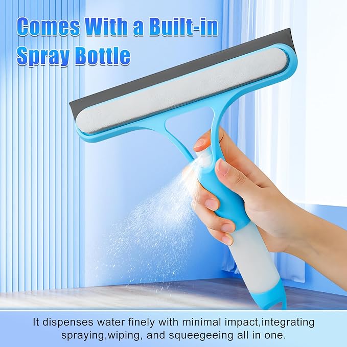 3 in 1 Window Cleaning Scraper, Cleaner Window Squeegee with Sprayer, Squeegee and Scrubber Spray Bottle Window Squeegee for Shower Glass, Mirrors, Car and Home,All-Purpose Window Cleaner Tool (Blue)