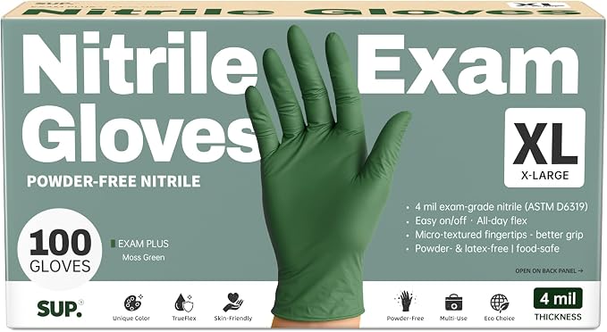SUP Powder-Free Nitrile Exam Gloves, 100 Count Food Safe Latex-Free Disposable Gloves for Medical Lab Cooking Cleaning, Green