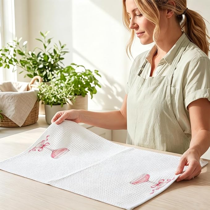2 Pcs Pink Bow Champagne Kitchen Towels, Coquette Pink Reusable Dish Towels | Waffle Weave Hand Cloth Tea Towel for Kitchen Bathroom Home Decor, Alcohol Lover Gifts for Women Mom Friend 24x14 Inch