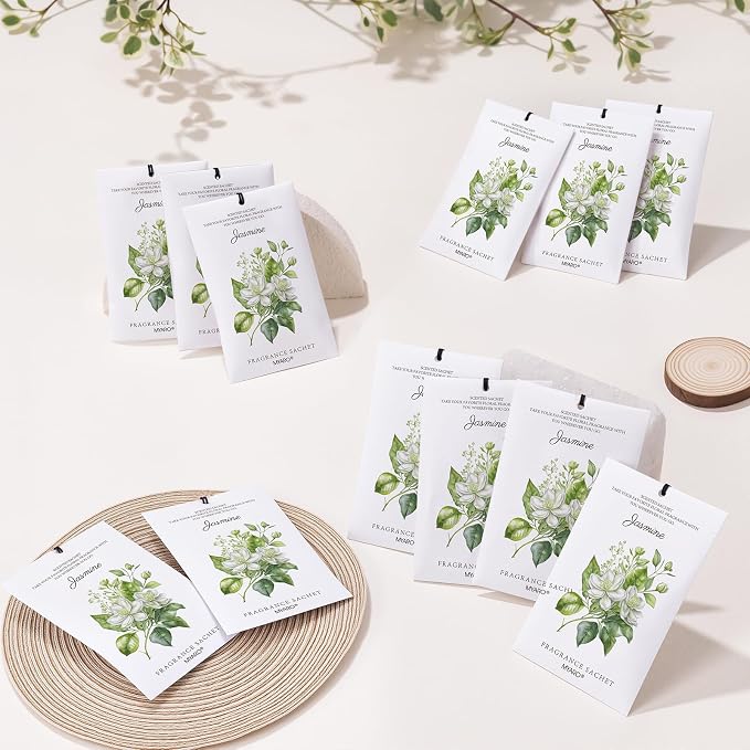 MYARO 12 Pack Jasmine Scented Sachets, Closet Deodorizer Car Air Freshener | Long-Lasting Sachet Bag, Odor Eliminator for Closet, Drawer, Bathroom, Clothes, Fabric Refresher, Home Fragrance Gift Set