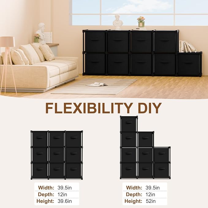 Briwooody 9 Cube Storage Organizer Bins with Shelf, Black | 11x11'', Storage Organizer, Toy Storage Box, Back to School, Dorm Organizer, Fabric Drawers, Playroom Bedroom Storage Cabinet