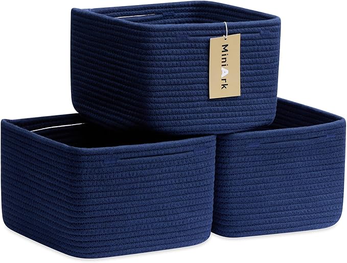 MiniArk Small Organizing Baskets for Cubes Shelf, 9.7x9.7x7.1 Inch Rope Woven Storage Bins for Nursery Shelves Storage, Cute Toy Basket, Square 3 Packs Navy Blue