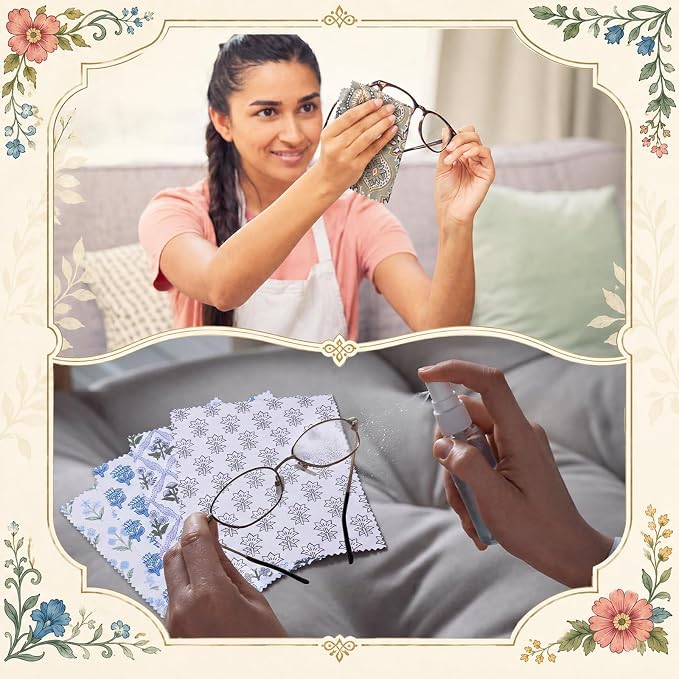 Copkim 24 Pcs 6 x 6 Inch Glasses Cleaning Cloth,Block Print | Elegant Flowers Design, Block Print Multicolor Microfiber Lens Wipe, Reusable Eyeglasses Wipe, Camera Len Cell Phone Screens