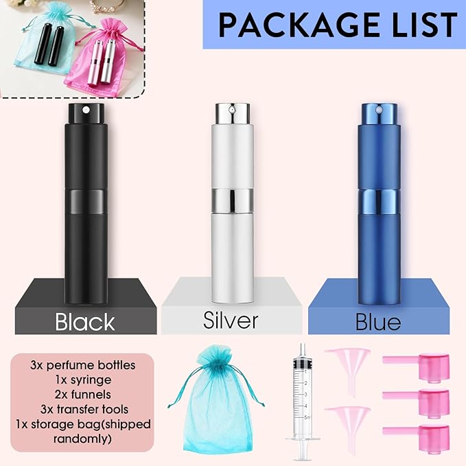 8ML Perfume Atomizer Cologne Travel Spray Bottle for Perfume(3 PCS) | Empty Cologne Dispenser, Portable Sprayer, Travel Essentials for Men and Women, Twist Type Refill, Small Bottles
