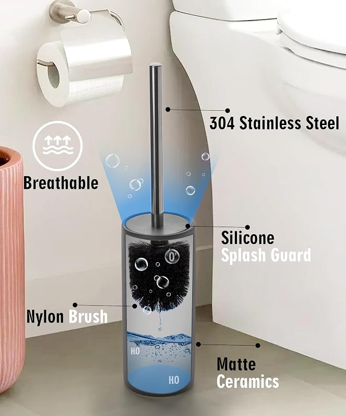 Matt Gray Ceramic Toilet Brush and Holder Set | Freestanding Toilet Bowl Cleaners Brush, Scrubber Brush for Toilet, Bathroom Accessories with Stainless Handle, Deep Cleaning