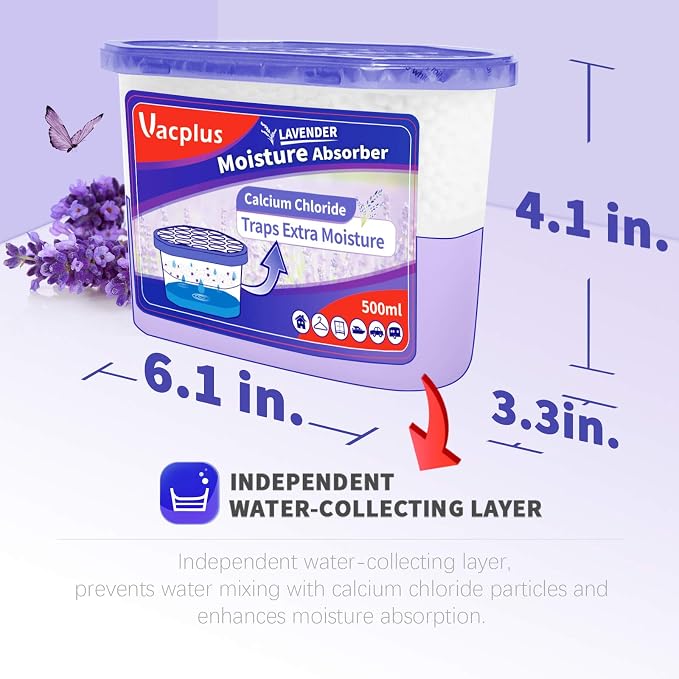 Vacplus Moisture Absorber, 10.5 OZ, Strong Absorption, Lavender | Closet, Bathroom, Car, Odor Eliminator, Dehumidifier Bucket, 6 Pack