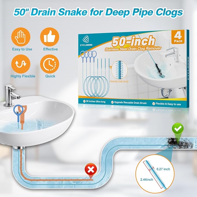 4 Pack 50 Inch Drain Snake Hair Drain Clog Remover Tool for Bathroom Sink | Reusable Brush, 50-Inch Break-Resistant Steel Wire Rope with Nylon Coating, 0.27-inch wand for Shower Drain Cleaning