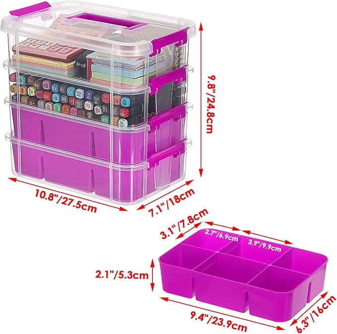 JUXYES 4-Tiers Plastic Stack Carry Storage Containers Box wih Handle Lids | Clear Stackable Latching Storage Bin With 2 Tray for School Office, Organizing Sewing, Art Craft, DIY Supplies, Purple