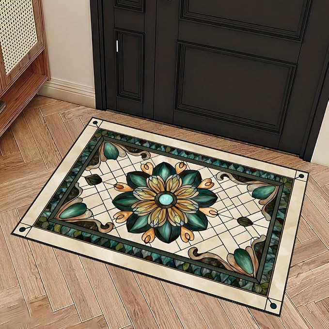 Stained Glass Floral Laundry Mat 23.6 x 19.6 Inch (Retro Green)