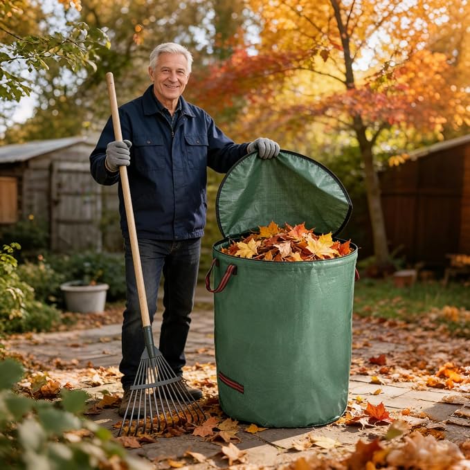 3 Pack 132 Gallon Extra Large Yard Waste Bags with Lid | Jumbo Reusable Garden Bags with Gardening Gloves, Heavy Duty Collapsible Lawn Bag Holder for Massive Leaves & Debris