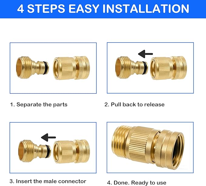 Hourleey Garden Hose Quick Connector, Solid Brass 3/4 Inch GHT Thread Garden Quick Connect Kit, Male and Female No-Leak Water Hose Fittings (6 Set)