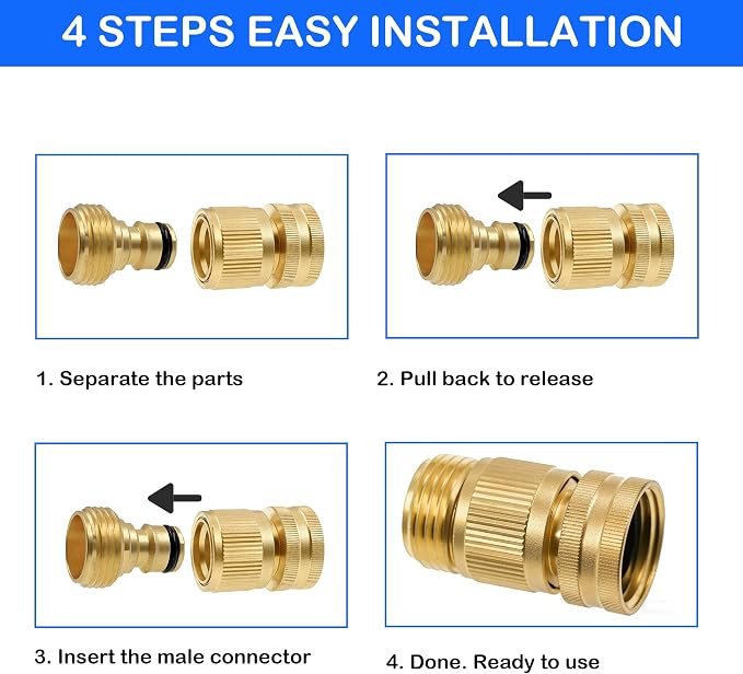 Hourleey Garden Hose Quick Connector, Solid Brass 3/4 Inch GHT Thread Garden Quick Connect Kit, Male and Female No-Leak Water Hose Fittings (4 Set)