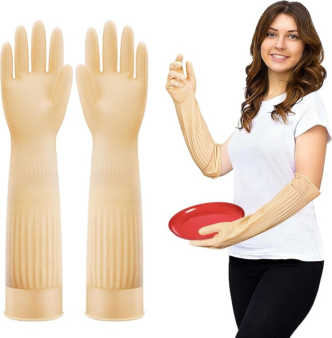 Long Rubber Cleaning Gloves for Household Dishwashing Full Arm Protecting | Reusable; Waterproof; Elbow Length 17.8 Inches; Kitchen Household Multi Cleaning; Palm Part Non-Slip Bump Design; Heavy Duty