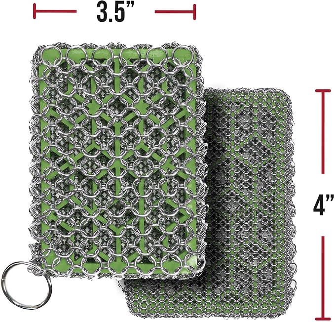 Knapp Made Premium Cast Iron Cleaner, 2-in-1 Combo Chainmail Scrubber with Silicone Core, Heavy Duty & Fine Mesh Rings for Cookware, Skillets and Pots, Premium Cast Iron Cleaner – Lime Green