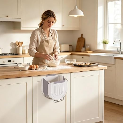 Multipurpose Hanging Collapsible Trash Can for Kitchen, Foldable Waste Bin with Space Saving Design, Wall Mount Cabinet Door Garbage Can for Peels Recycling (Grey, Large)