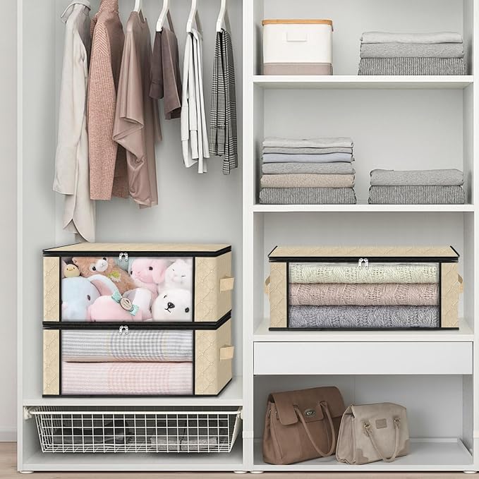 HomeHacks 10-Pack Clothes Organizer Storage Bags, 35L Storage Bins, Beige | Foldable Storage Box Container with Zippers, Clear Window, Reinforced Handles for Closet, Dorm, Pillows, Bedding, Sweater