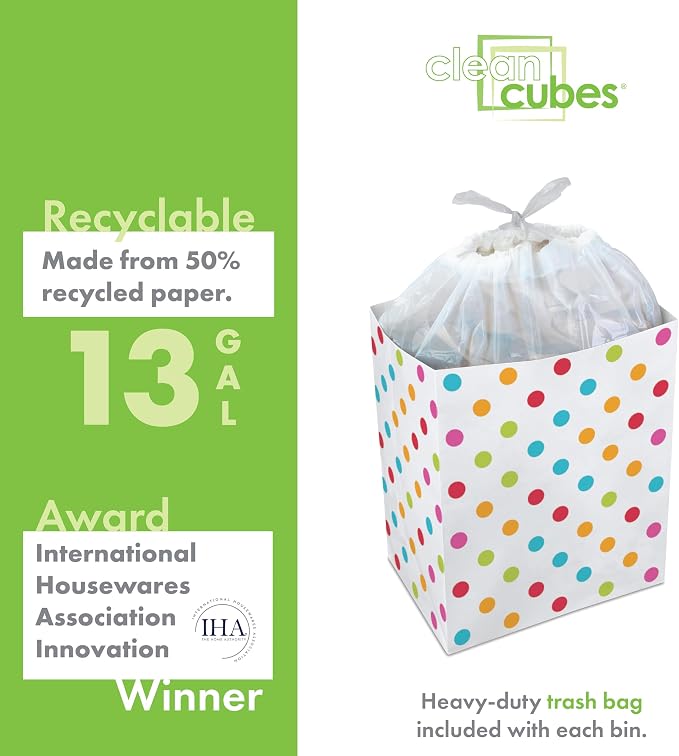 Clean Cubes 13 Gallon Disposable Pop-Up Trash Cans, 6-Pack (Polka Dot) | One Pack Covers the Whole Party, Place a Bin in Every Corner, No Assembly, Built-In Liner, Toss the Whole Bin When Full