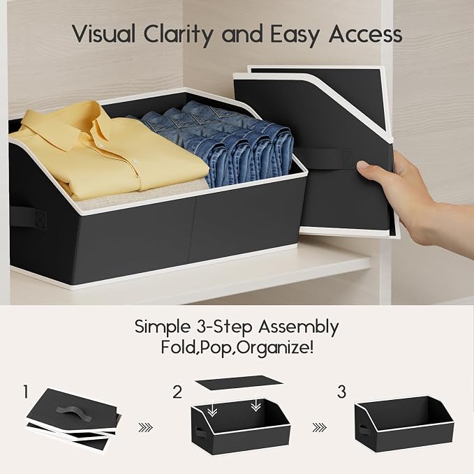 Large Closet Organizers and Storage Bins - 8 Pack Trapezoid Storage Baskets for Shelves, Foldable Fabric Baskets with Handles Ideal for Closet, Basket, Wardrobe and Shelf Storage, Black