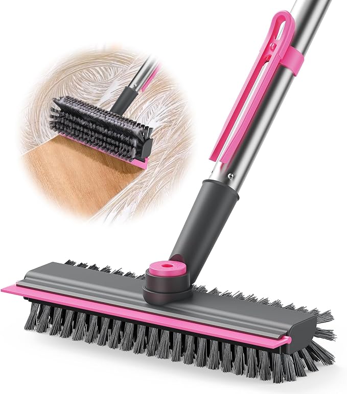 AIR U+ Floor Scrub Brush with Long Handle, 4 in 1 Floor Scrubber & Squeegee | Small Scrubber with Stiff Dual-Sided Bristles and Rotating Head for Shower, Bathroom, Bathtub, Kitchen and Patio, Pink