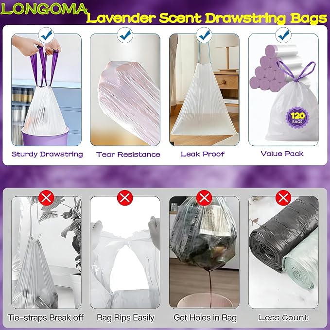 8 Gallon Trash Bags Drawstring, 120 Count Lavender Scented Leak Proof Medium Garbage Bags, 8 Gal Bin Bags Odor Control & Tear Resistant Can Liners for Kitchen Bathroom Bedroom Office