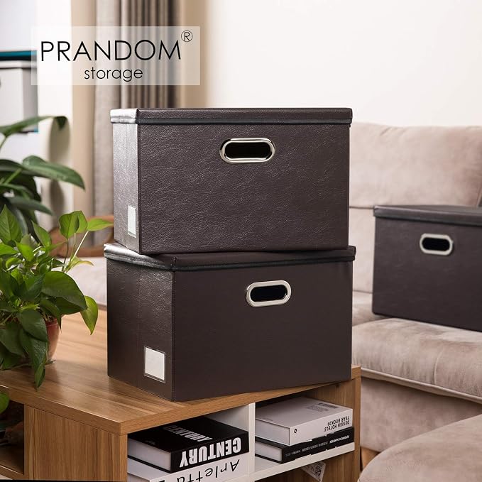 Large Foldable Storage Bins with Lids [3-Pack] Leather Fabric Collapsible Storage Boxes Organizer Containers Baskets Cube with Cover for Home Bedroom Closet Office Brown(17.7x11.8x11.8)