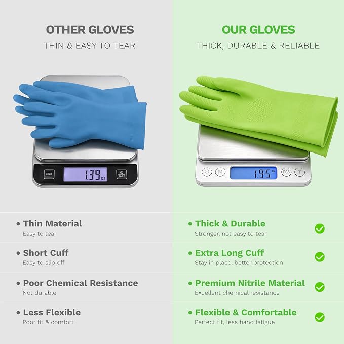 Nitrile Rubber Cleaning Gloves, 3 pairs of reusable kitchen gloves, ideal for dishwashing and household cleaning