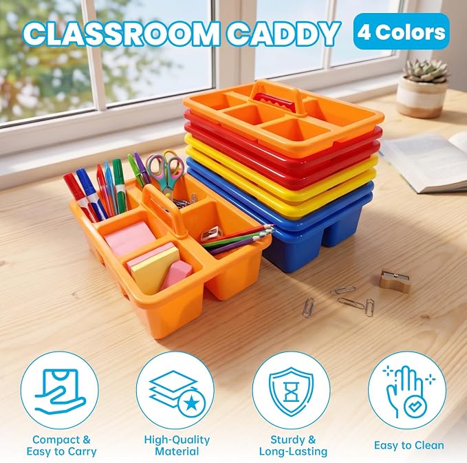 8 PCS Classroom Caddy, Supply Cleaning Caddy for Classroom, 8”×5.7”×3” | Plastic Caddy Organizer with Handle, 5 Compartment Small Portable Storage Bin for Classrooms, Office, Assorted Colors